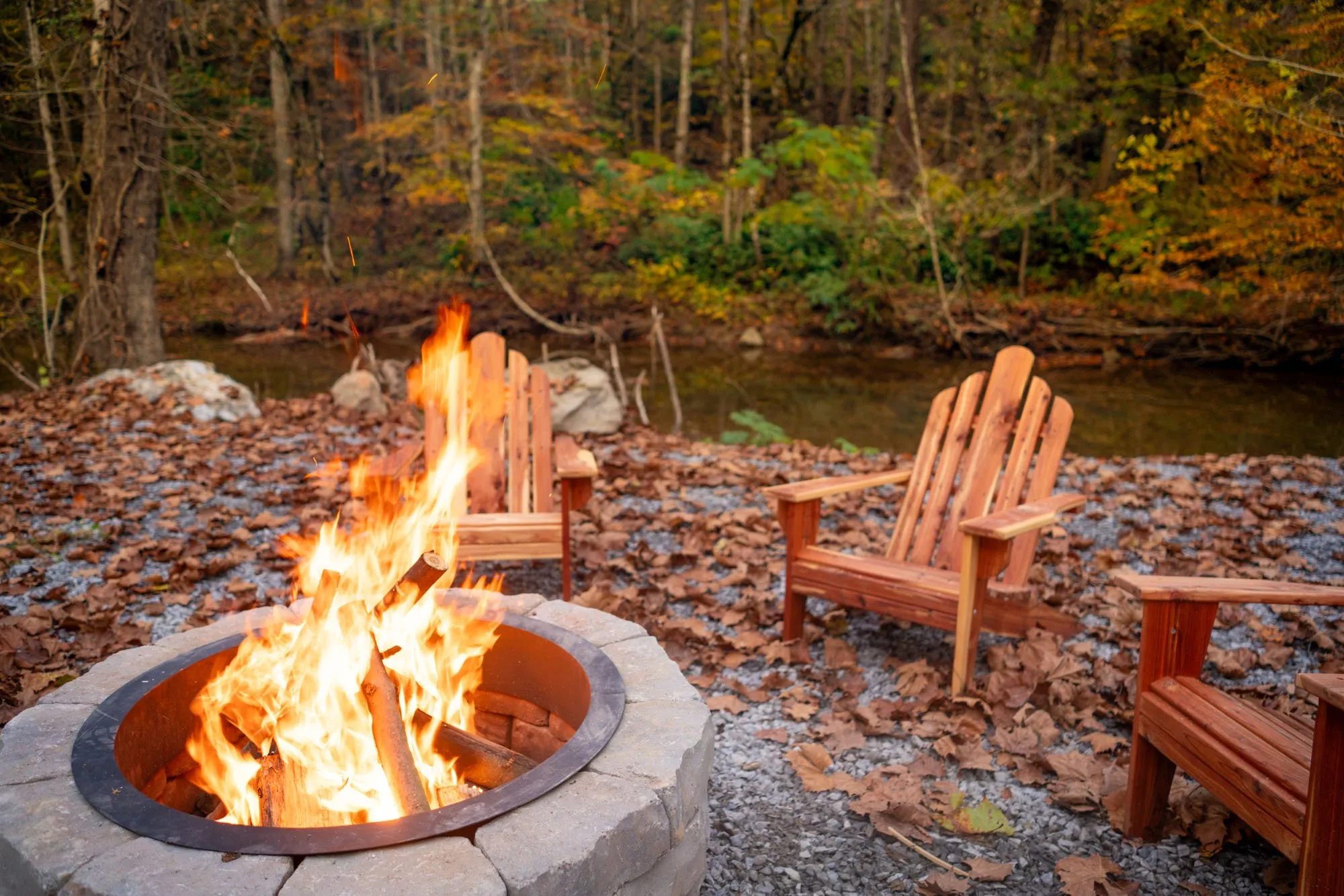 Stone ring fire pit, lit for the evening, Sevierville, TN