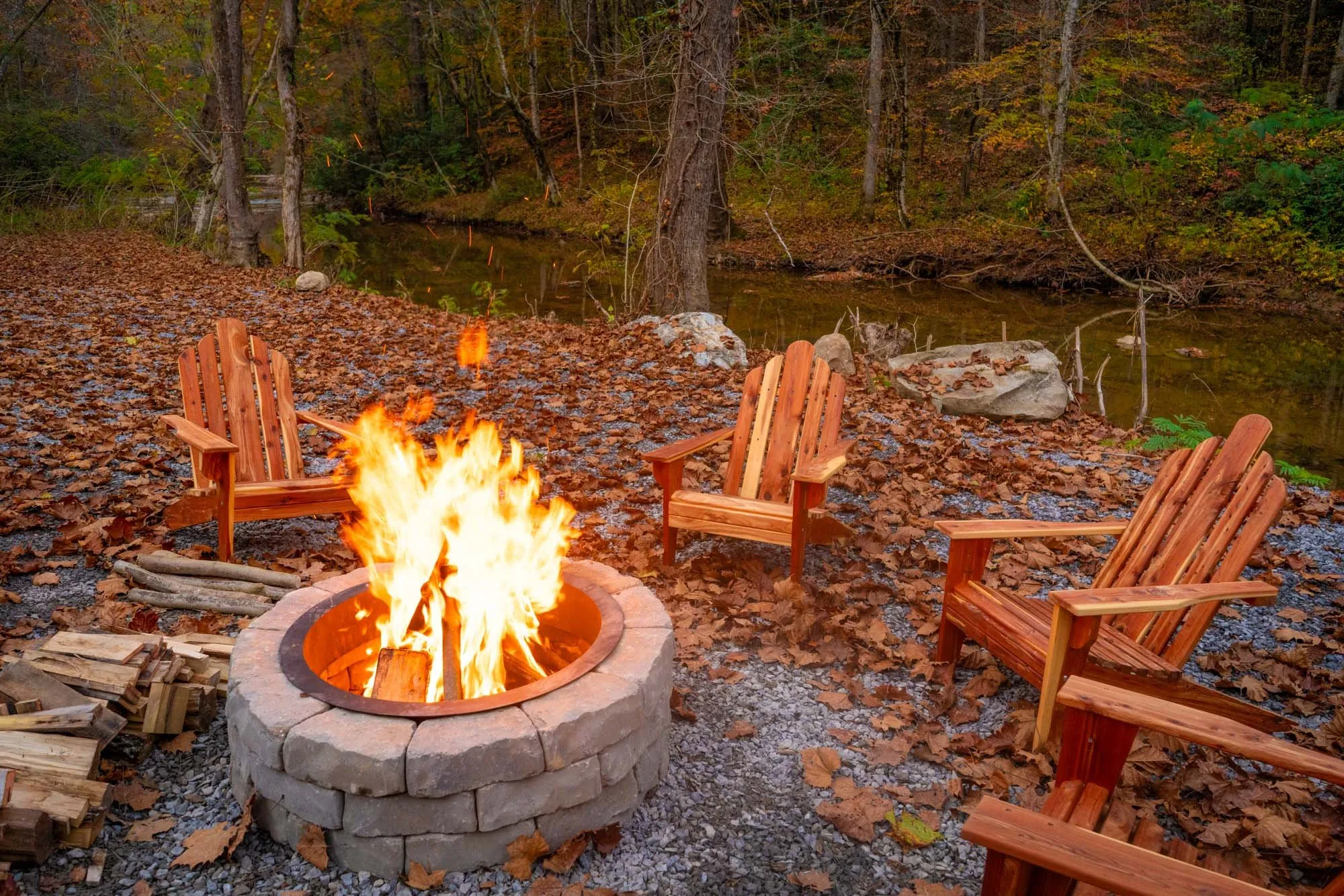 Fire pit with firewood stacked and ready, Sevierville, TN